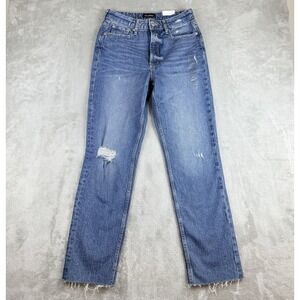 Free Assembly Jeans Womens 4 Blue Denim Super High Rise Straight Distressed NEW